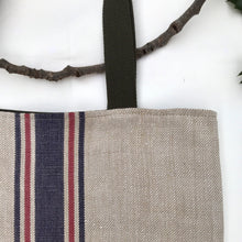 Load image into Gallery viewer, Tote bag. Vintage cotton and hemp grain sack. Blue and red stripes. Blue denim bottom.