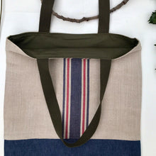 Load image into Gallery viewer, Tote bag. Vintage cotton and hemp grain sack. Blue and red stripes. Blue denim bottom.