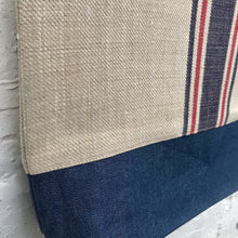 Load image into Gallery viewer, Tote bag. Vintage cotton and hemp grain sack. Blue and red stripes. Blue denim bottom.