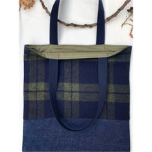 Load image into Gallery viewer, Tote bag. Navy blue and green tweed check design and dark blue denim tote.