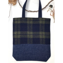 Load image into Gallery viewer, Tote bag. Navy blue and green tweed check design and dark blue denim tote.