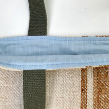 Load image into Gallery viewer, Vintage grain sack tote bag. Vertical camel brown stripes. Handwoven and hand-loomed. 100% hemp.