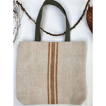 Load image into Gallery viewer, Vintage grain sack tote bag. Vertical camel brown stripes. Handwoven and hand-loomed. 100% hemp.