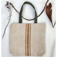 Load image into Gallery viewer, Vintage grain sack tote bag. Vertical camel brown stripes. Handwoven and hand-loomed. 100% hemp.