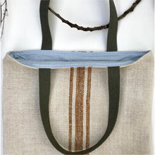 Load image into Gallery viewer, Vintage grain sack tote bag. Vertical camel brown stripes. Handwoven and hand-loomed. 100% hemp.