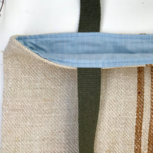 Load image into Gallery viewer, Vintage grain sack tote bag. Vertical camel brown stripes. Handwoven and hand-loomed. 100% hemp.