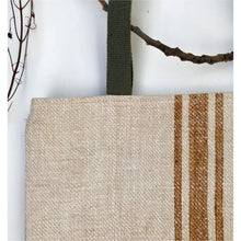 Load image into Gallery viewer, Vintage grain sack tote bag. Vertical camel brown stripes. Handwoven and hand-loomed. 100% hemp.