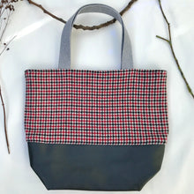 Load image into Gallery viewer, Handbag. Bag. Houndstooth black and red wool fabric tote with a dark grey leather bottom.