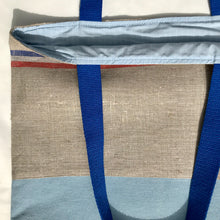 Load image into Gallery viewer, One of a kind bag. Tote Bag. 100% French linen fabric with a light blue denim bottom.
