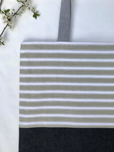 Load image into Gallery viewer, One of a kind bag. Tote Bag. Vintage striped cotton canvas fabric with a black denim bottom.
