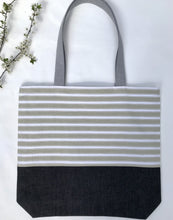 Load image into Gallery viewer, One of a kind bag. Tote Bag. Vintage striped cotton canvas fabric with a black denim bottom.