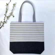 Load image into Gallery viewer, One of a kind bag. Tote Bag. Vintage striped cotton canvas fabric with a black denim bottom.