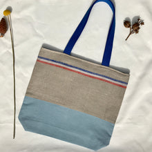 Load image into Gallery viewer, One of a kind bag. Tote Bag. 100% French linen fabric with a light blue denim bottom.