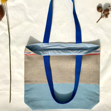 Load image into Gallery viewer, One of a kind bag. Tote Bag. 100% French linen fabric with a light blue denim bottom.