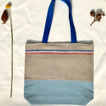 Load image into Gallery viewer, One of a kind bag. Tote Bag. 100% French linen fabric with a light blue denim bottom.