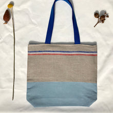 Load image into Gallery viewer, One of a kind bag. Tote Bag. 100% French linen fabric with a light blue denim bottom.