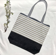Load image into Gallery viewer, One of a kind bag. Tote Bag. Vintage striped cotton canvas fabric with a black denim bottom.
