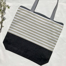 Load image into Gallery viewer, One of a kind bag. Tote Bag. Vintage striped cotton canvas fabric with a black denim bottom.