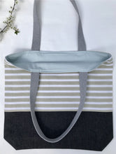 Load image into Gallery viewer, One of a kind bag. Tote Bag. Vintage striped cotton canvas fabric with a black denim bottom.