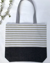 Load image into Gallery viewer, One of a kind bag. Tote Bag. Vintage striped cotton canvas fabric with a black denim bottom.