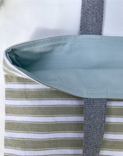 Load image into Gallery viewer, One of a kind bag. Tote Bag. Vintage striped cotton canvas fabric with a black denim bottom.