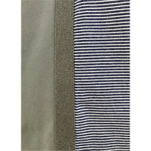 Load image into Gallery viewer, Tote bag. light khaki green canvas shopper bag with a deep front navy blue stripes denim pocket. 100% cotton.