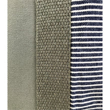 Load image into Gallery viewer, Tote bag. light khaki green canvas shopper bag with a deep front navy blue stripes denim pocket. 100% cotton.