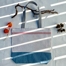 Load image into Gallery viewer, Tote bag. Vintage red striped linen tea towel tote with a light blue denim bottom.