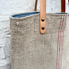 Load image into Gallery viewer, Tote bag. Vintage grain sack tote bag with leather straps. Vertical deep red stripes.