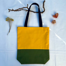 Load image into Gallery viewer, Tote bag. Canary yellow and khaki green cotton canvas tote bag. Lined with a green gingham pattern cotton fabric.