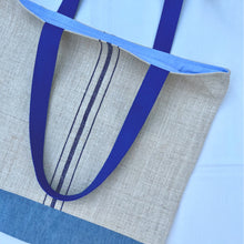 Load image into Gallery viewer, Tote bag. Vintage grain sack tote bag. Handwoven. Vertical blue stripes. Blue denim.