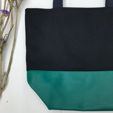 Load image into Gallery viewer, Handbag. Bag. Ex-designer navy blue wool fabric and green leather bag.