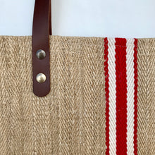 Load image into Gallery viewer, Tote bag. Vintage grain sack tote bag with brown leather straps. Handwoven. Vertical red and leather white stripes.