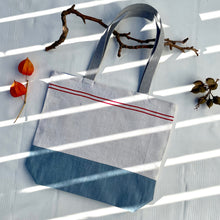 Load image into Gallery viewer, Tote bag. Vintage red striped linen tea towel tote with a light blue denim bottom.