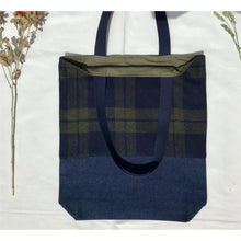 Load image into Gallery viewer, Tote bag. Navy blue and green tweed check design and dark blue denim tote.