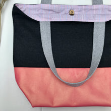 Load image into Gallery viewer, Handbag. Bag. Ex-designer dark grey wool fabric and metallic pink leather handbag.