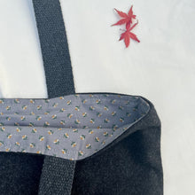 Load image into Gallery viewer, Tote bag. Dark grey wool tote with a green leather round bottom.