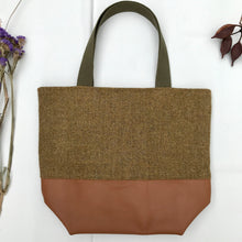 Load image into Gallery viewer, Handbag. Bag. English wool herringbone and camel brown leather handbag.
