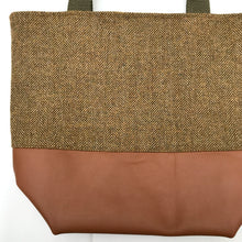 Load image into Gallery viewer, Handbag. Bag. English wool herringbone and camel brown leather handbag.