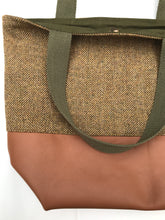 Load image into Gallery viewer, Handbag. Bag. English wool herringbone and camel brown leather handbag.