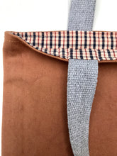 Load image into Gallery viewer, Handbag. Bag. Ex designer rust cotton canvas fabric and light blue denim handbag.