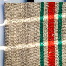 Load image into Gallery viewer, Tote bag. Vintage grain sack tote bag. Vertical green and orange stripes.