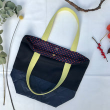 Load image into Gallery viewer, Handbag. Bag. Ex designer navy blue wool fabric and navy blue woven quilt fabric bag.