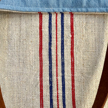 Load image into Gallery viewer, Tote bag. Vintage grain sack tote bag with leather straps. Vertical deep red stripes.