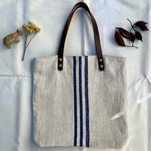 Load image into Gallery viewer, Tote bag. Vintage grain sack tote bag with leather straps. Vertical deep red stripes.