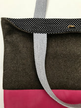 Load image into Gallery viewer, Handbag. Bag. Ex-designer olive green wool fabric and soft fuchsia leather handbag.