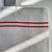 Load image into Gallery viewer, Tote bag. Vintage red striped linen tea towel tote with a light blue denim bottom.