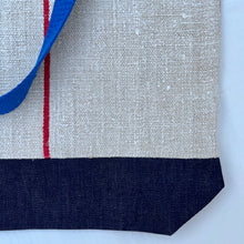 Load image into Gallery viewer, Tote bag. Vintage grain sack tote bag. Handwoven. Vertical red stripes (linen). Dark blue denim.