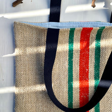 Load image into Gallery viewer, Tote bag. Vintage grain sack tote bag. Vertical green and orange stripes.