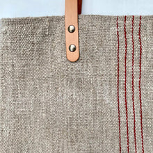 Load image into Gallery viewer, Tote bag. Vintage grain sack tote bag with leather straps. Vertical deep red stripes.